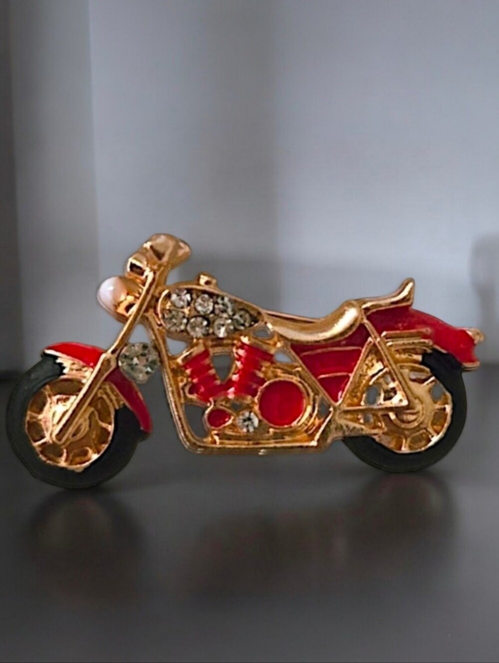 Motorcycle Rhinestone and Enamel Brooch